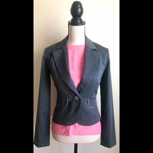 Grey Blazer Suit Jacket w/ Pink Trim Pockets, sz.S